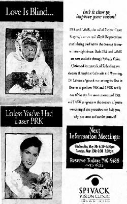 Advertisement showing a monkey and a woman, reading 'Love is Blind Unless You've Had Laser PRK'